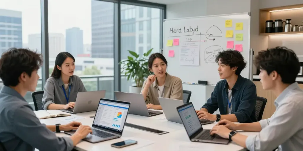 Team discussing AI search optimization strategies with data analytics in a modern office.